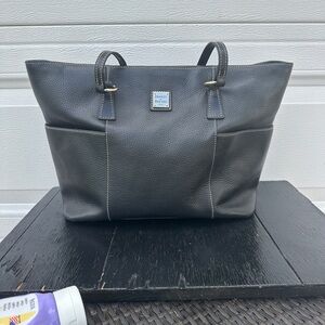 Dooney & Bourke Black Peddled Leather Helena Shopper Silver Saffiano